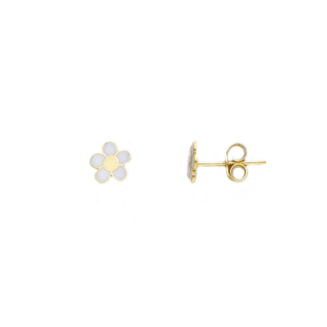 Orecchini lobo in oro giallo 375/ooo e smalto con margherite