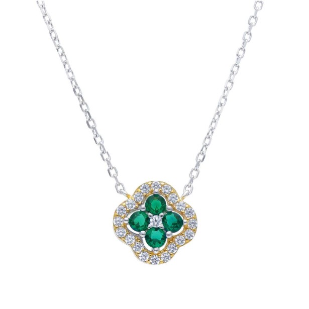 Girocollo in argento bicolore 925/ooo zirconia cubica e cristallo artificiale verde con fiore