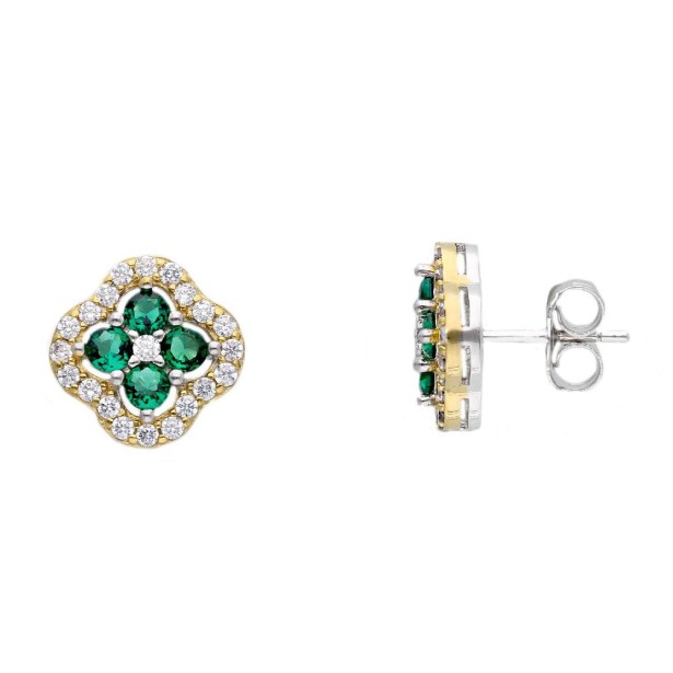 Orecchini lobo in argento bicolore 925/ooo zirconia cubica e cristallo artificiale verde con fiore