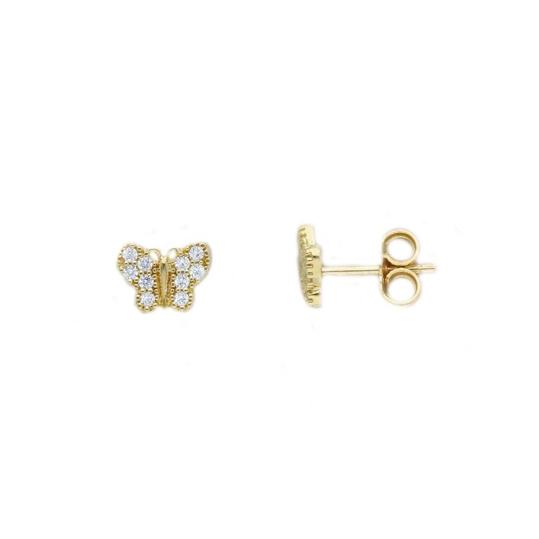 Orecchini lobo in oro giallo 375/ooo e zirconia cubica con farfalla