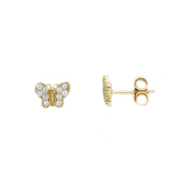 Orecchini lobo in oro giallo 375/ooo e zirconia cubica con farfalla