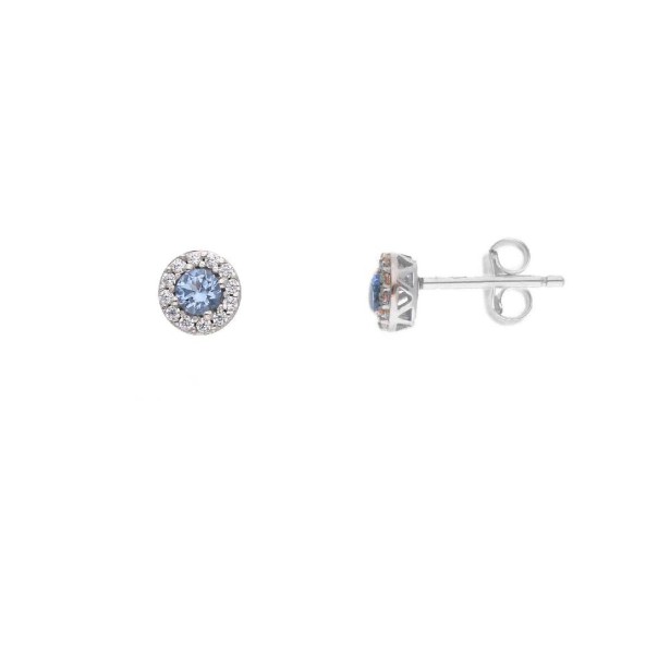 Orecchini lobo in oro bianco 375/ooo e zirconia cubica e cristallo artificiale azzurro