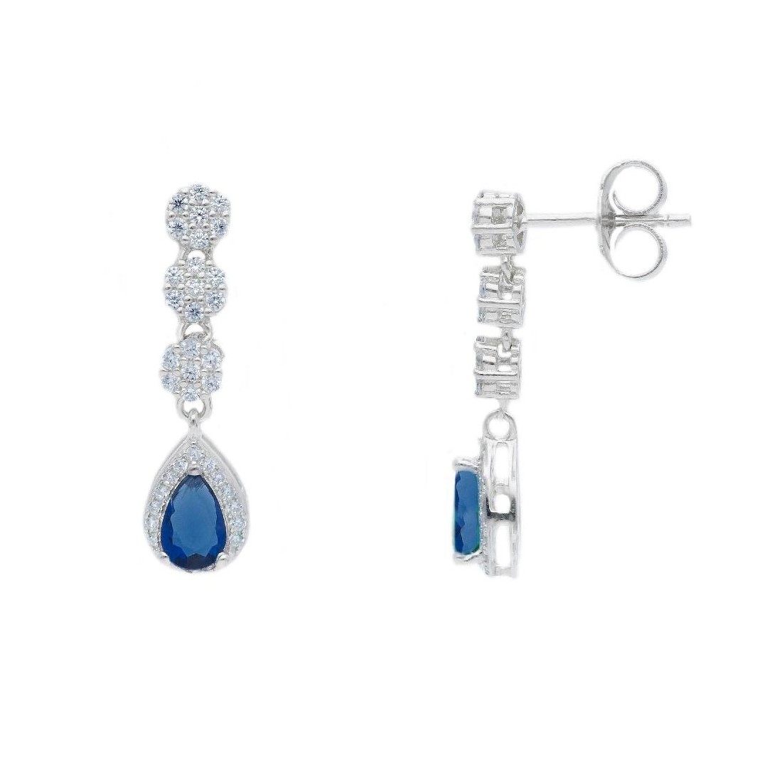 Orecchini pendenti in argento 925/ooo zirconia cubica e cristallo artificiale blu con goccia
