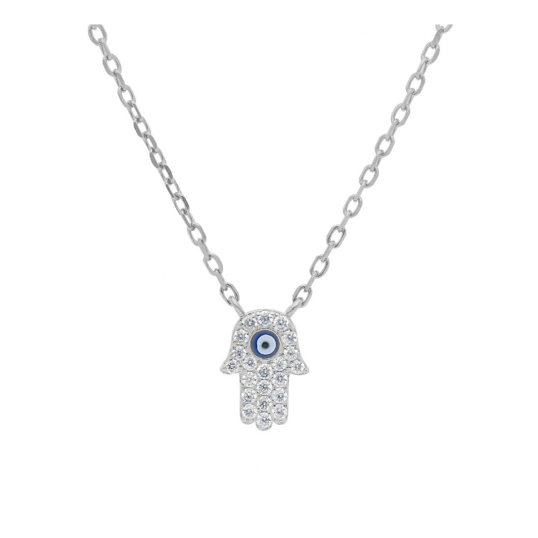 Girocollo in argento 925/ooo smalto e zirconia cubica con mano di fatima