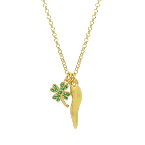 Girocollo in argento dorato 925/ooo e cristallo artificiale verde con charms