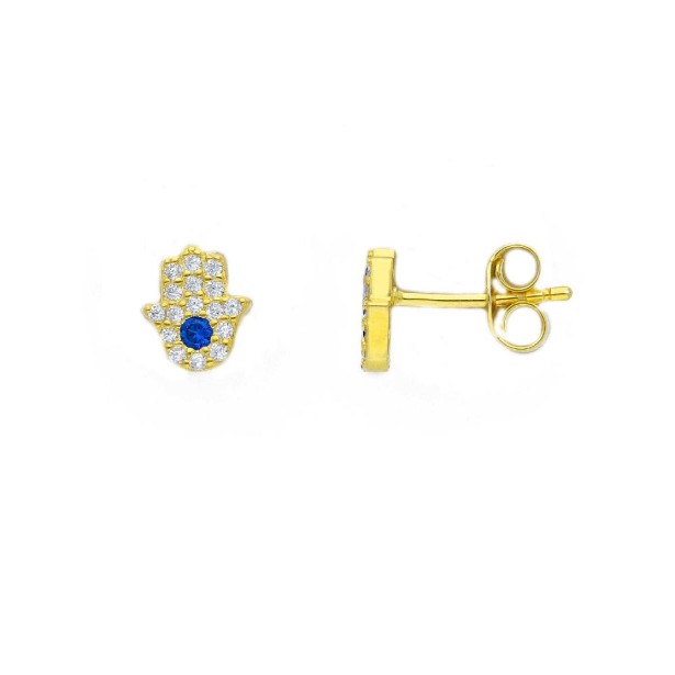Orecchini lobo in argento dorato 925/ooo zirconia cubica e cristallo artificiale con mano di fatima
