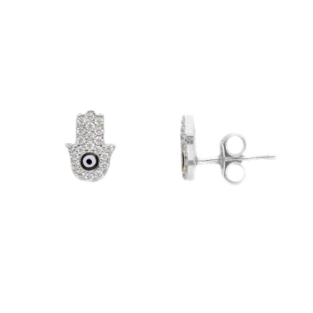 Orecchini lobo in argento 925/ooo smalto e zirconia cubica con mano di fatima