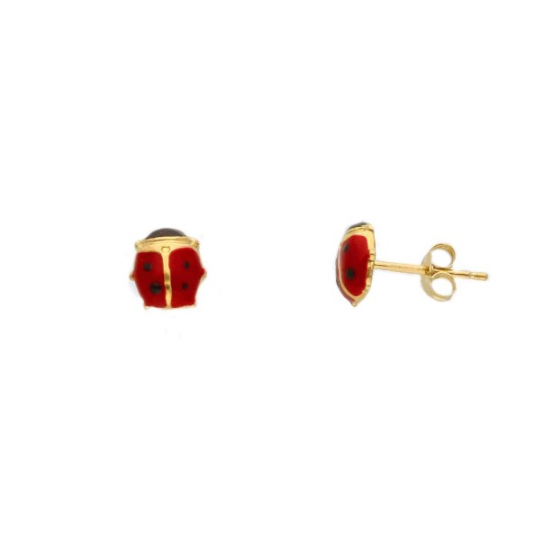 Orecchini lobo in oro giallo 750/ooo e smalto con coccinella
