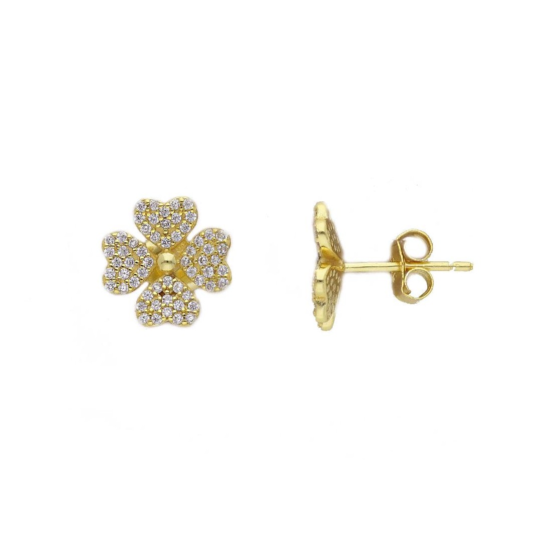 Orecchini lobo in argento dorato 925/ooo e zirconia cubica con quadrifoglio