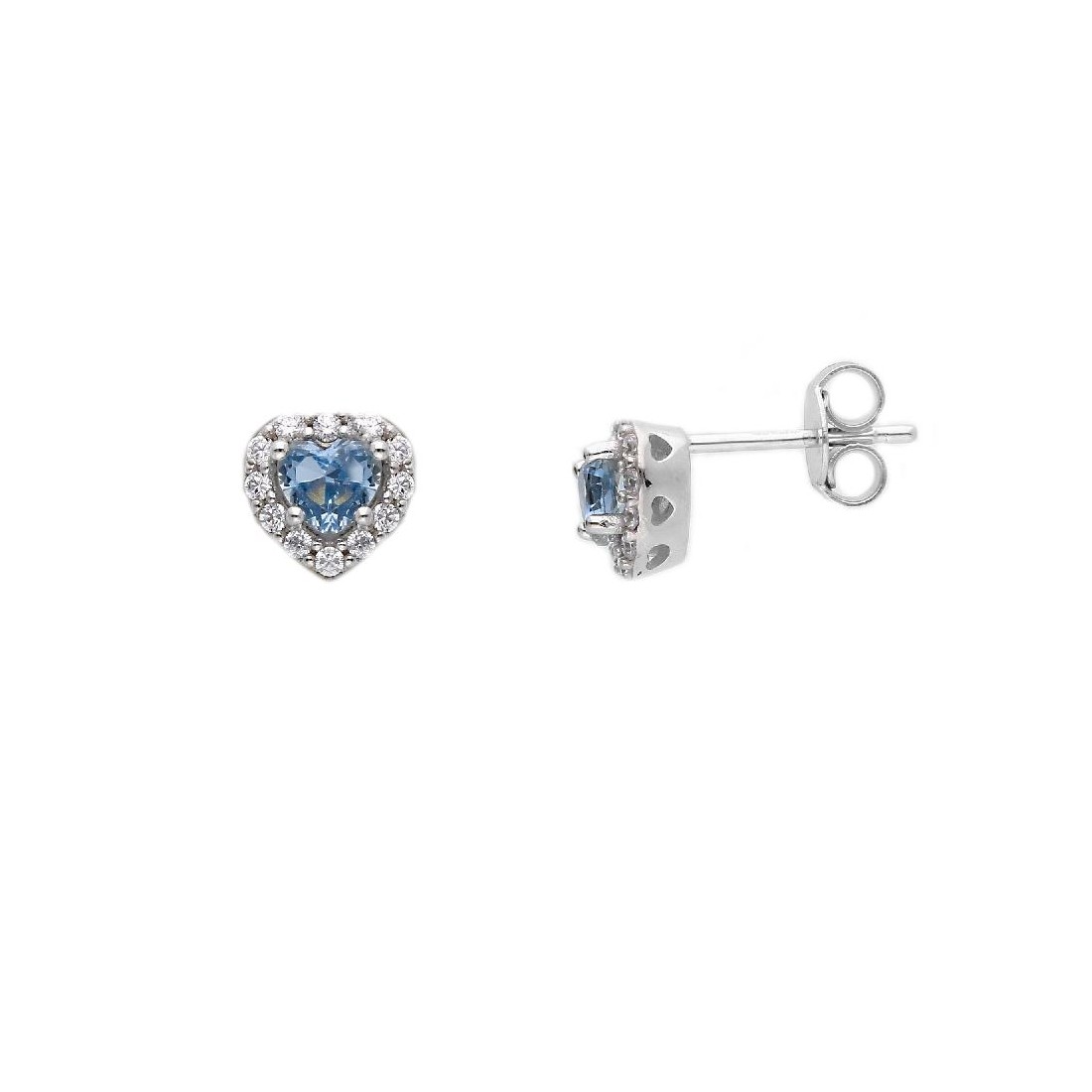 Orecchini a lobo in oro bianco 375/ooo zirconia cubica e topazio azzurro con cuore
