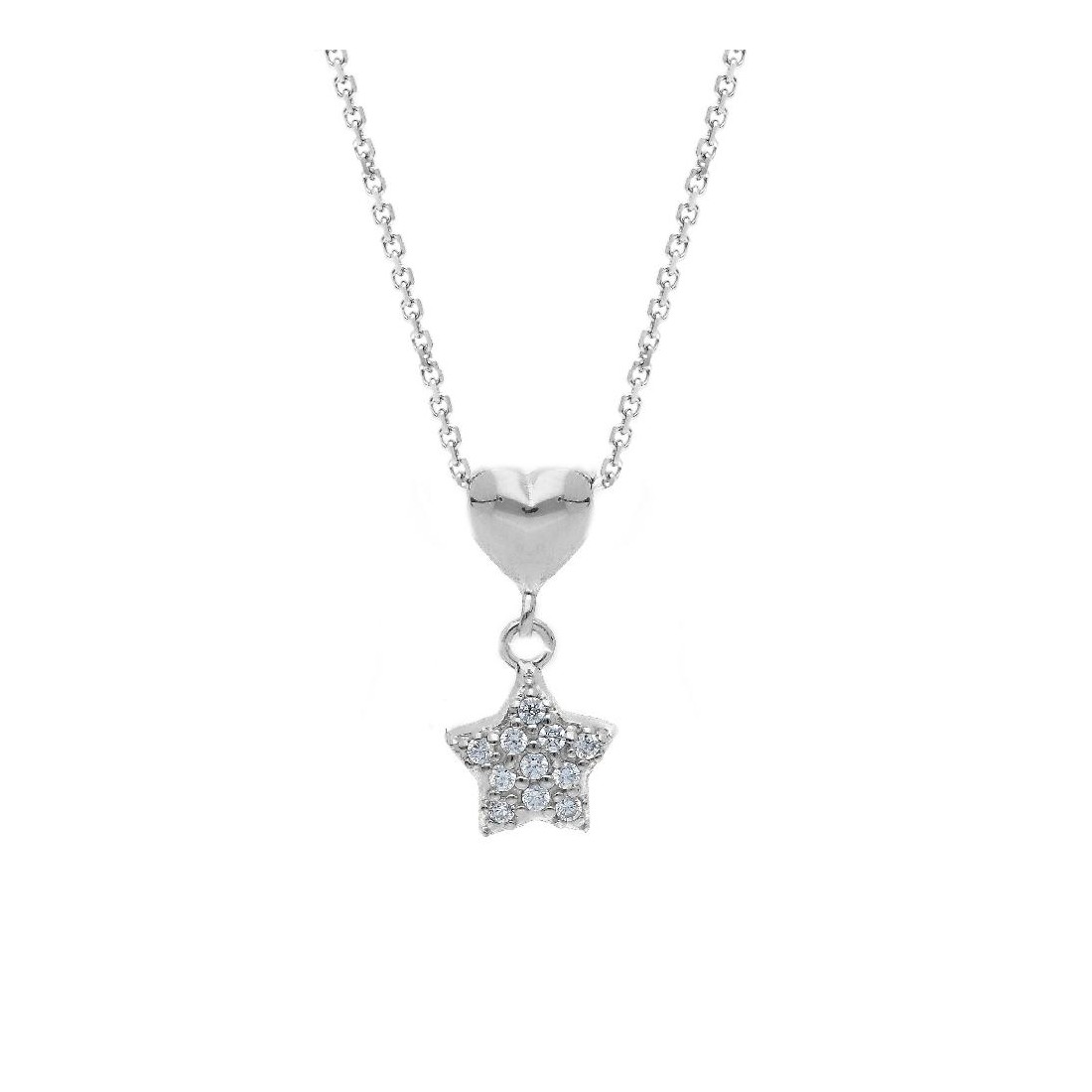 Girocollo oro bianco 375/ooo e zirconia cubica con cuore e stella