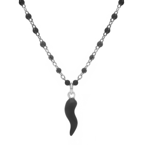 Girocollo in argento 925/ooo e smalto nero con corno