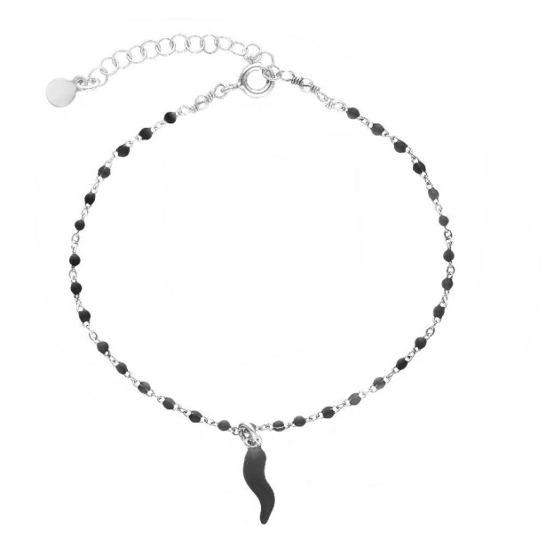 Bracciale in argento 925/ooo e smalto nero con corno
