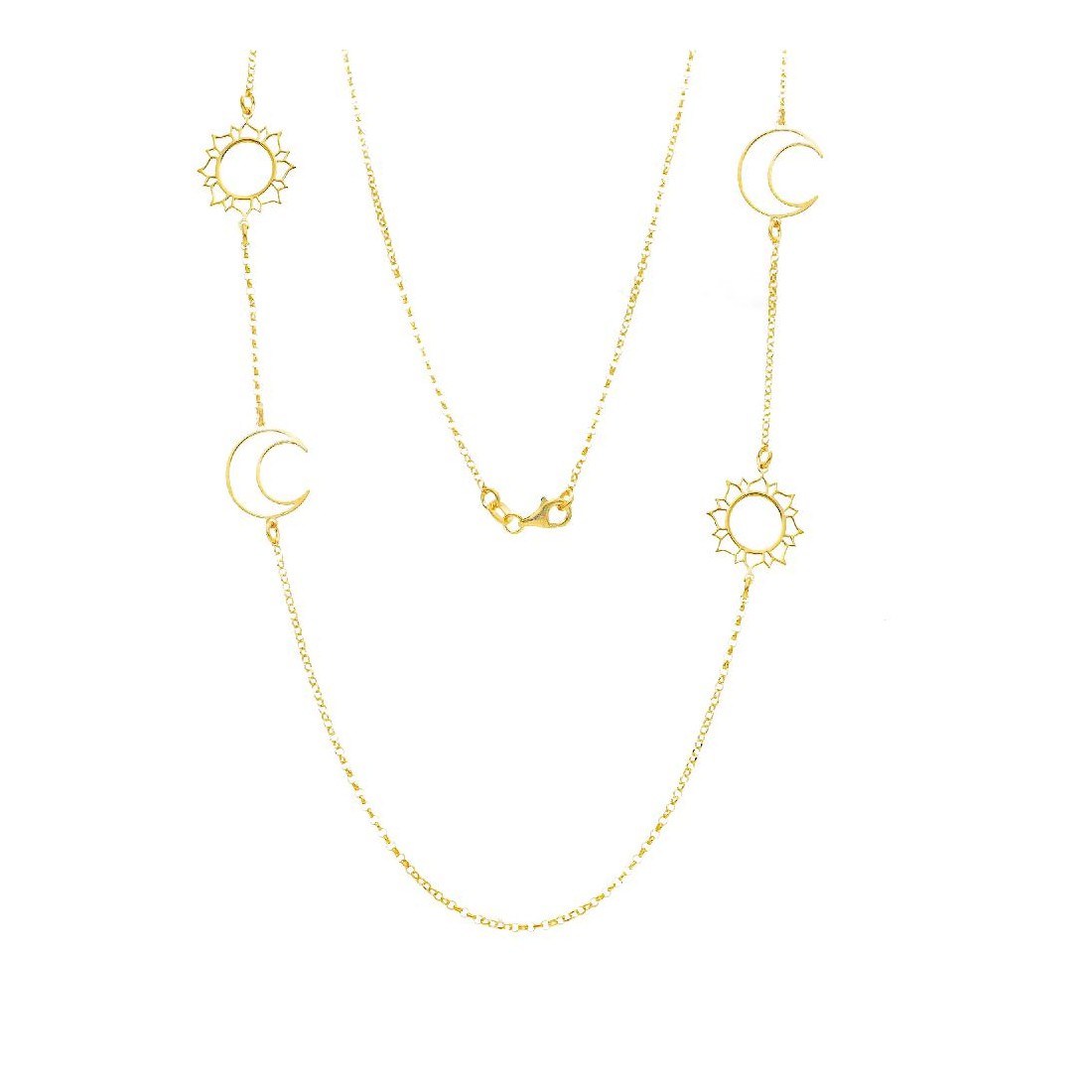 Collana lunga in argento dorato 925/ooo con sole e luna