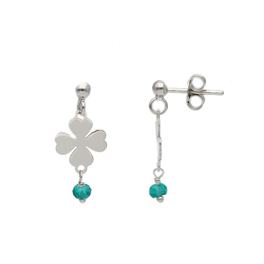 Orecchini pendenti in argento 925/ooo e cristalloartificiale verde con quadrifoglio