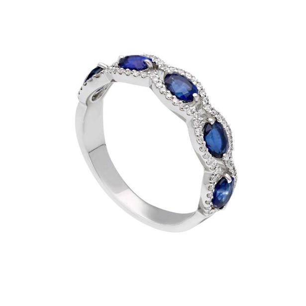 Anello fedina in oro bianco 750/ooo con diamante naturale e zaffiro