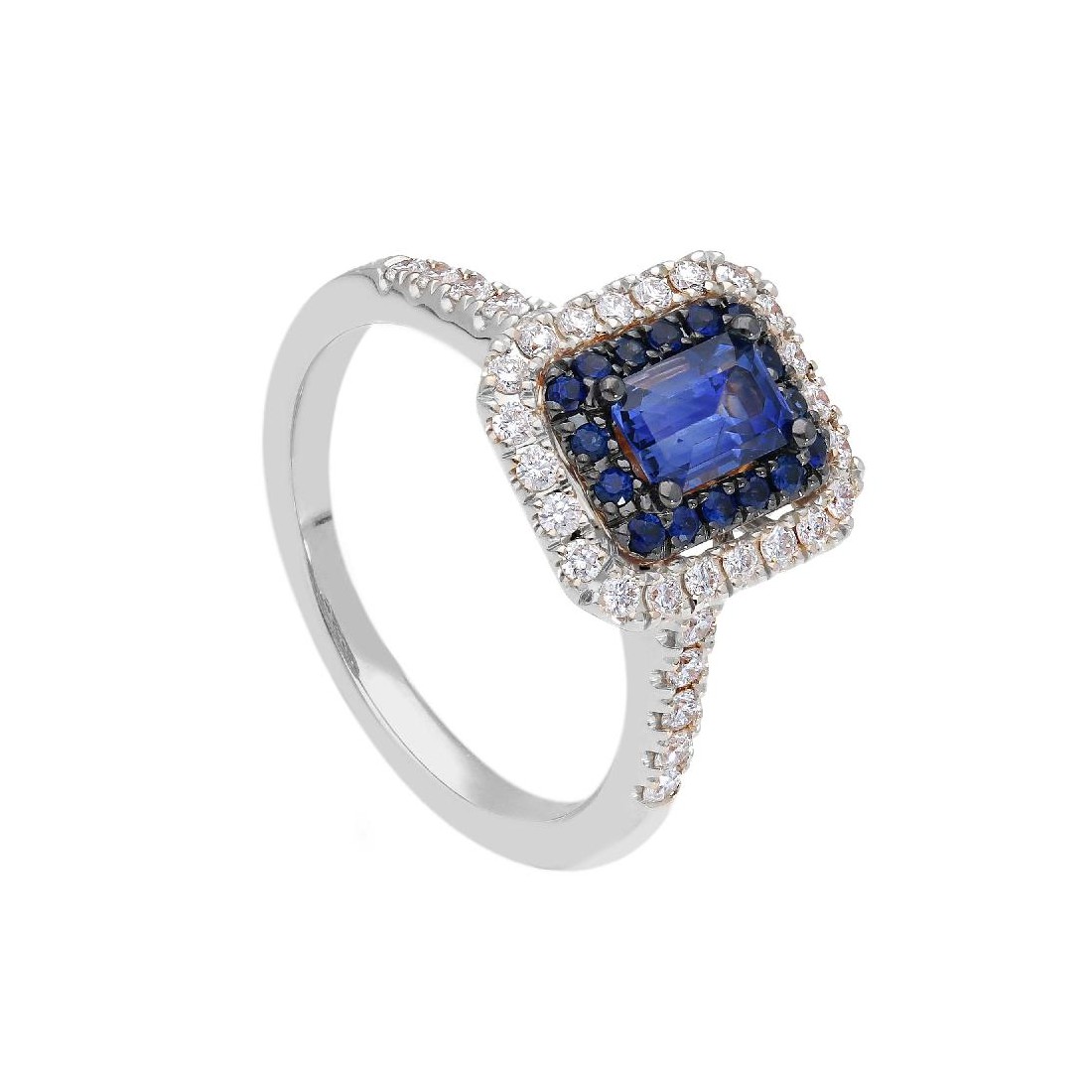 Anello in oro bianco 750/ooo con diamante naturale e zaffiro