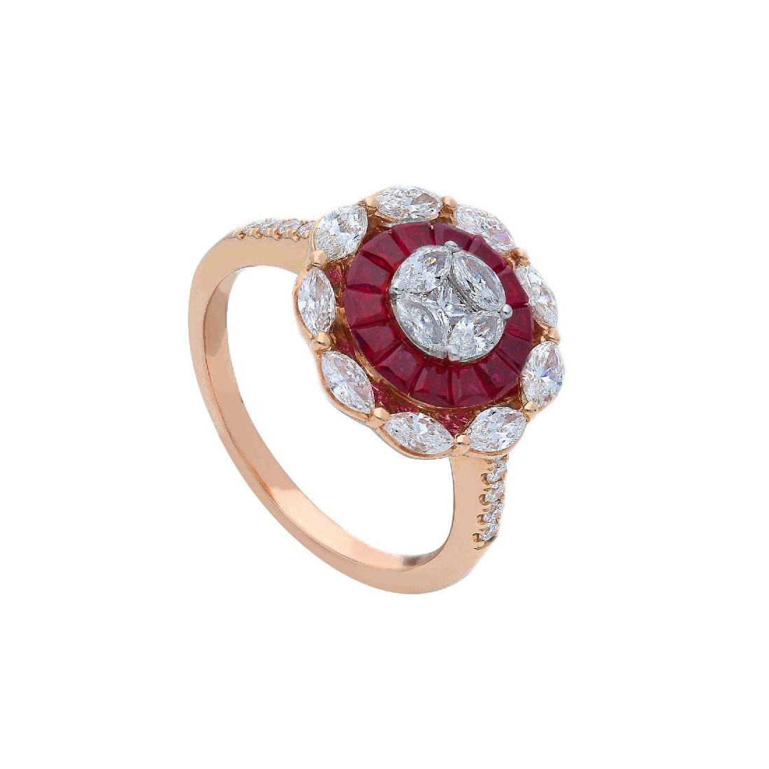 Anello in oro rosa 750/ooo con diamante naturale e rubino