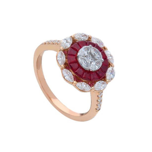 Anello in oro rosa 750/ooo con diamante naturale e rubino