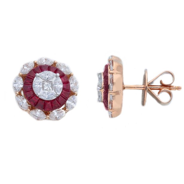 Orecchini lobo in oro rosa 750/ooo con diamanti naturali e rubino