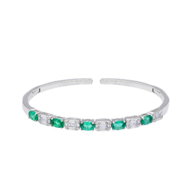 Bracciale rigido in oro bianco 750/ooo con diamante naturale e smaraldo