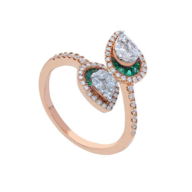 Anello in oro rosa 750/ooo con diamante naturale e smeraldo
