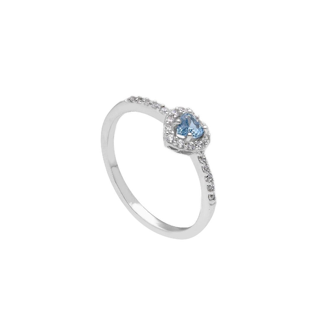 Anello in oro bianco 375/ooo zirconia cubica e topazio azzurro con cuore