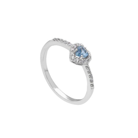 Anello in oro bianco 375/ooo zirconia cubica e topazio azzurro con cuore