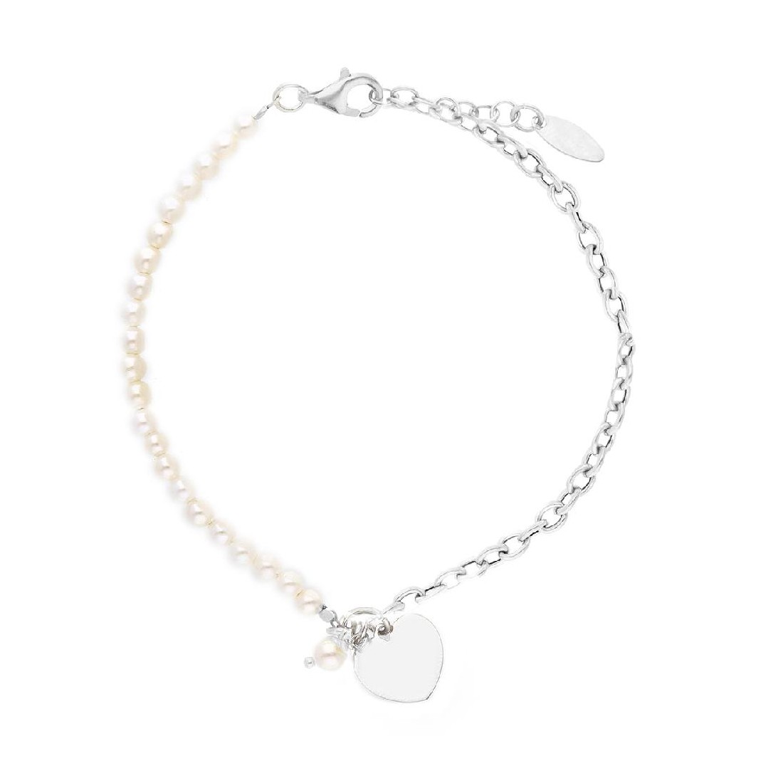 BRACCIALE ARGENTO CON META' PERLINE E CUORE LASTRA