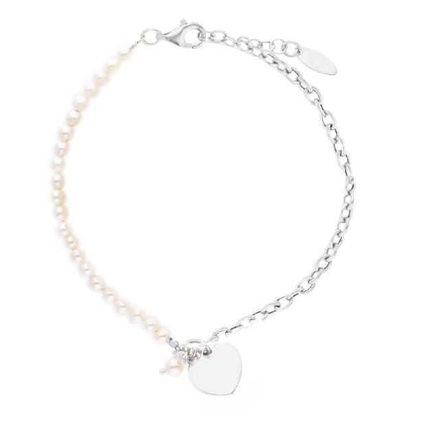 BRACCIALE ARGENTO CON META' PERLINE E CUORE LASTRA