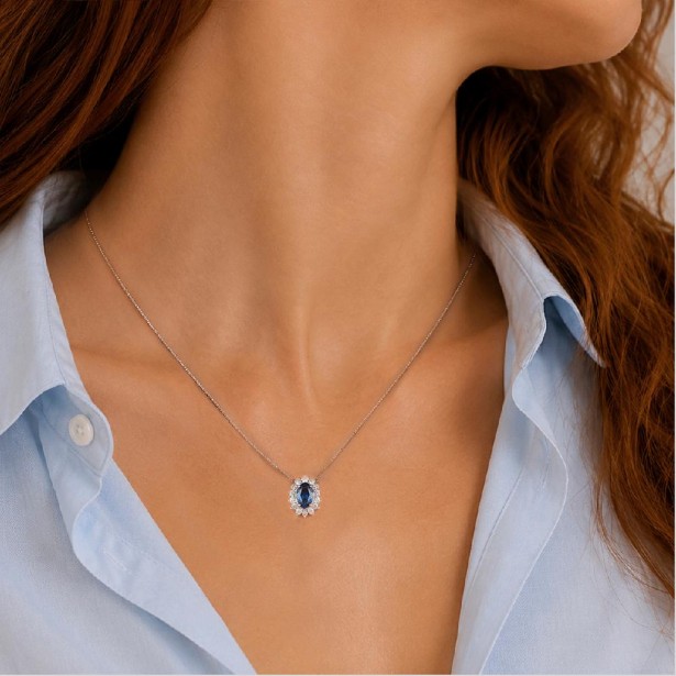 Girocollo in oro bianco 750/°°° diamante e zaffiro