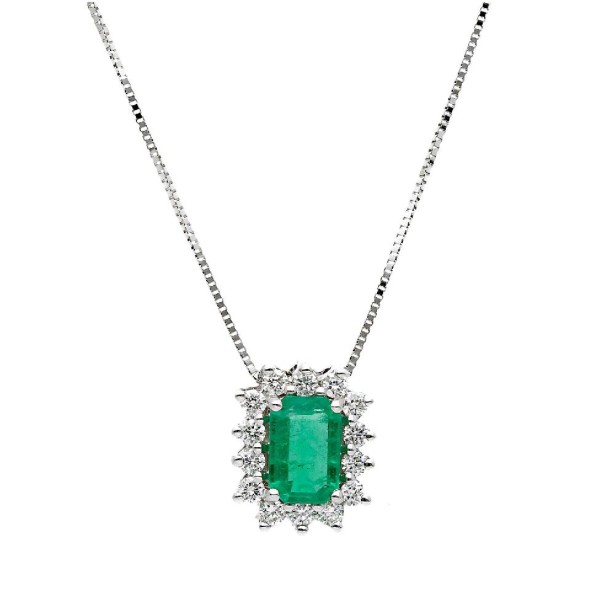 Girocollo in oro bianco 750/°°° diamante e smeraldo