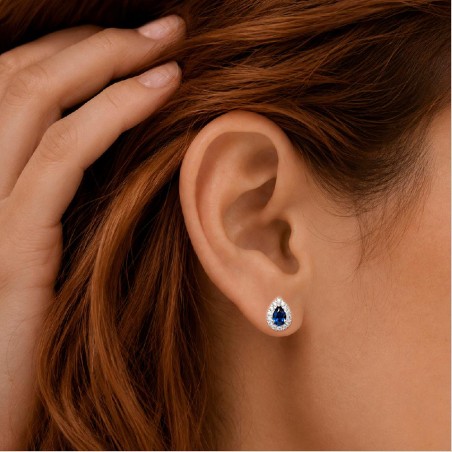 Orecchini lobo in oro bianco 750/°°° diamante e zaffiro con goccia