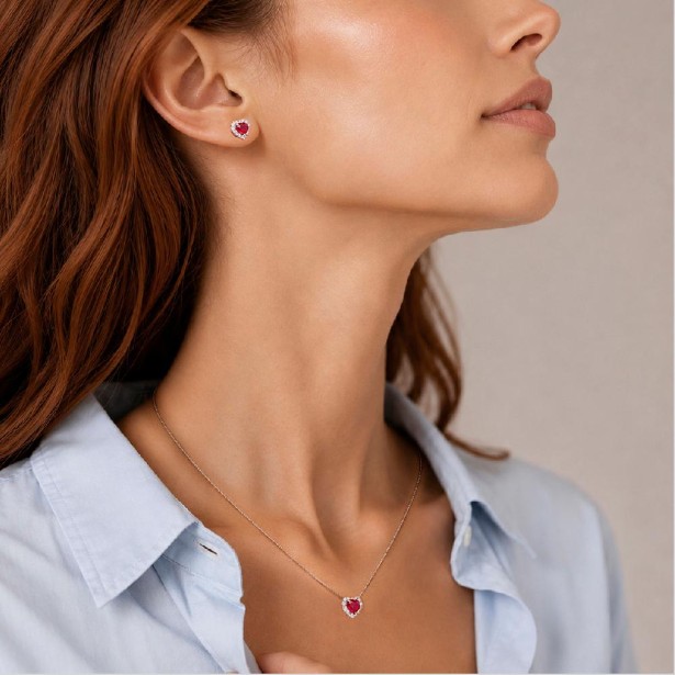 Girocollo in oro bianco 750/°°° diamante e rubino con cuore