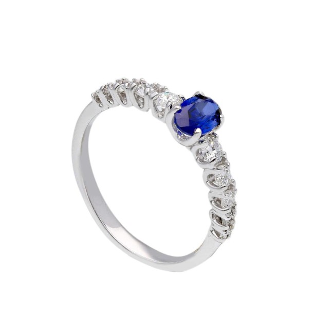 Anello in oro bianco 375/°°° con zaffiro sintetico e diamante lab-grown
