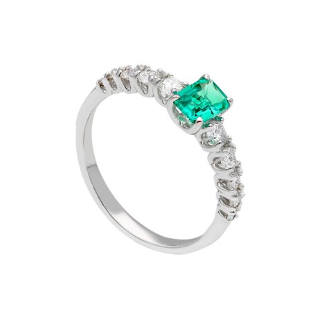 Anello in oro bianco 375/°°° con smeraldo e diamante lab-grown