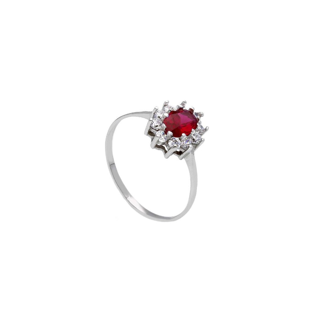 Anello in oro bianco 750/ooo zirconia cubica e pietra sintetica rossa