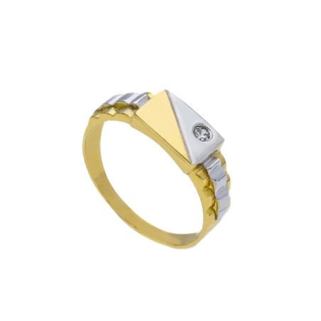 Anello chevalier in oro giallo e bianco 750/ooo e zirconia cubica
