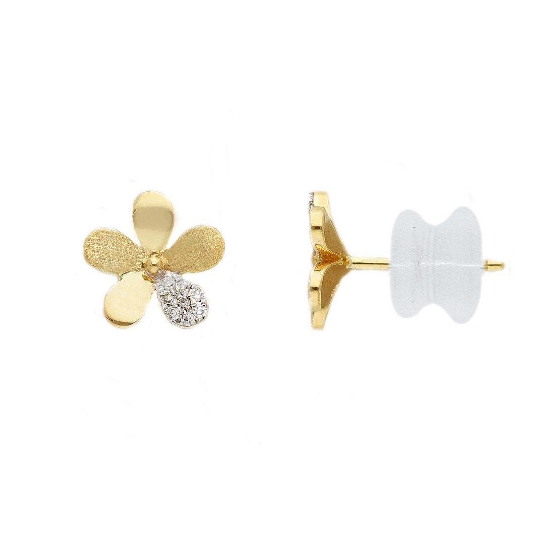 Orecchini lobo in oro giallo e bianco 375/°°° e diamante con fiore