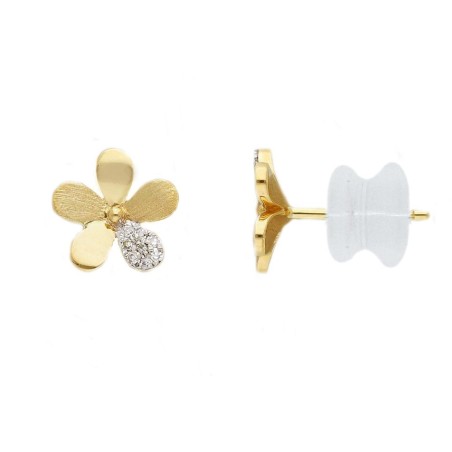 Orecchini lobo in oro giallo e bianco 375/°°° e diamante con fiore