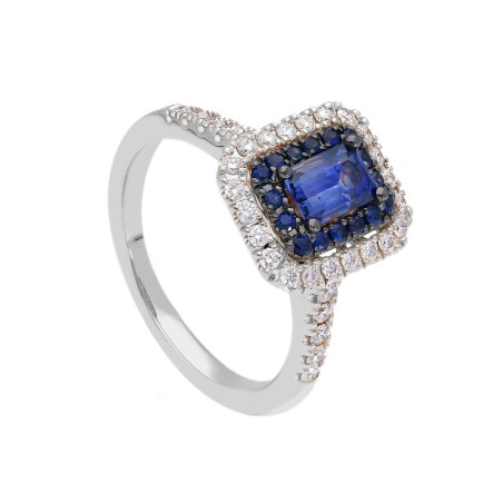 Anello in oro bianco 750/ooo con diamante naturale e zaffiro