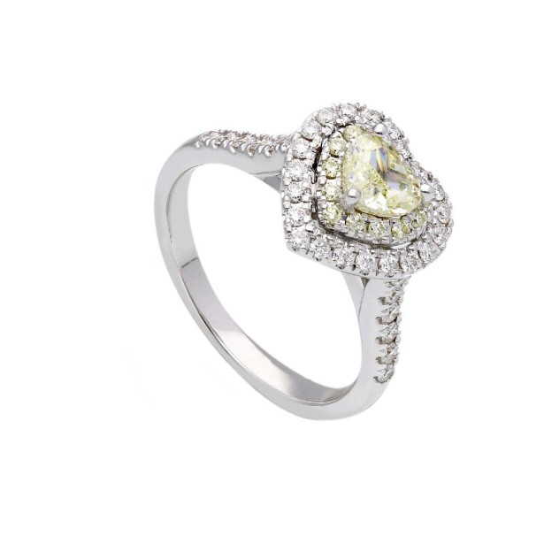 Anello in oro bianco 750/ooo con diamante naturalefancy e bianchi
