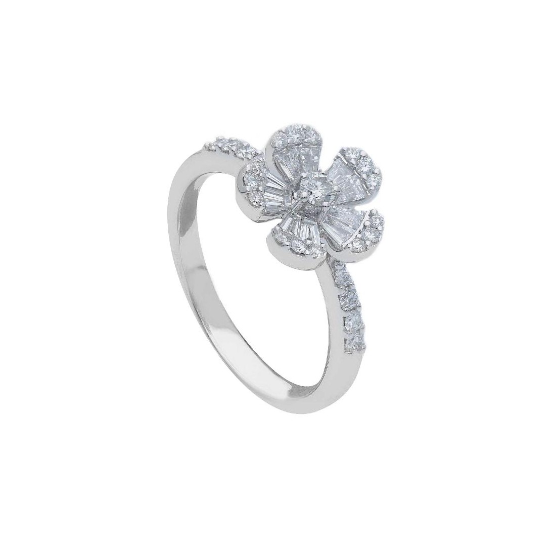 Anello con fiore in oro bianco 750/ooo con diamante naturale