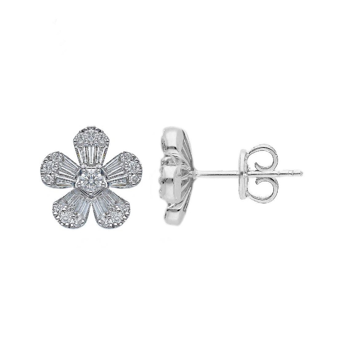 Orecchini lobo con fiore in oro bianco 750/ooo con diamante naturale
