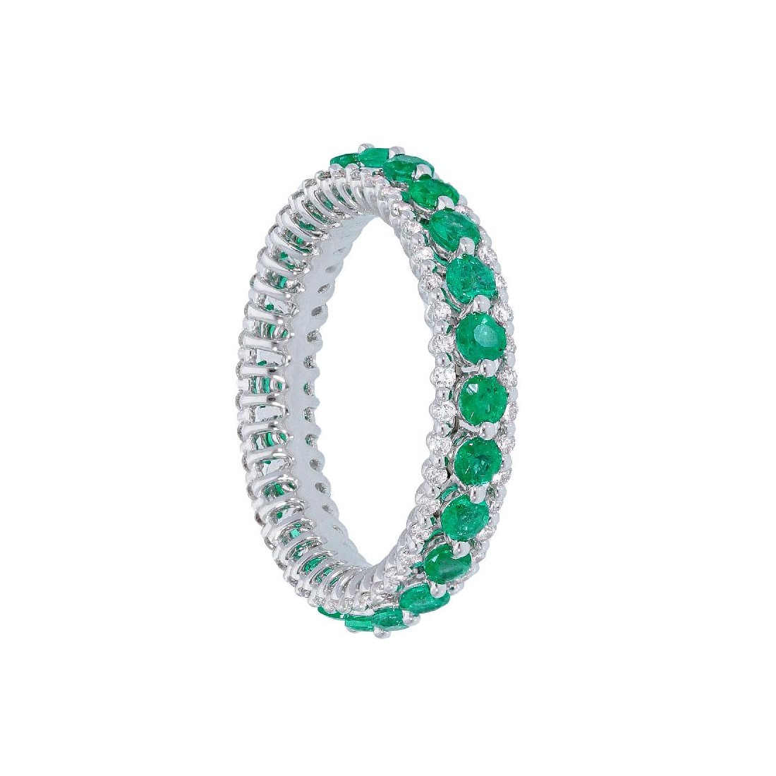 Anello eternity in oro bianco 750/ooo con diamanti naturali e smeraldo
