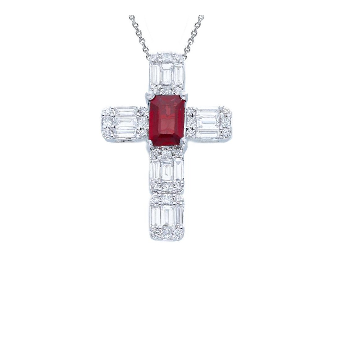 Girocollo con croce in oro bianco 750/ooo con diamanti naturali e rubino