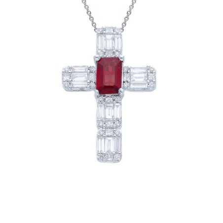 Girocollo con croce in oro bianco 750/ooo con diamanti naturali e rubino