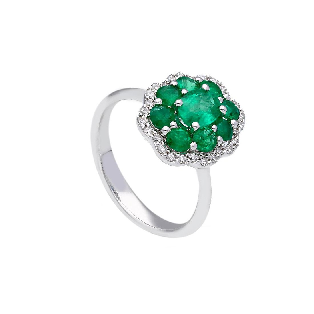 Anello in oro bianco 750/ooo con diamante naturale e smeraldo