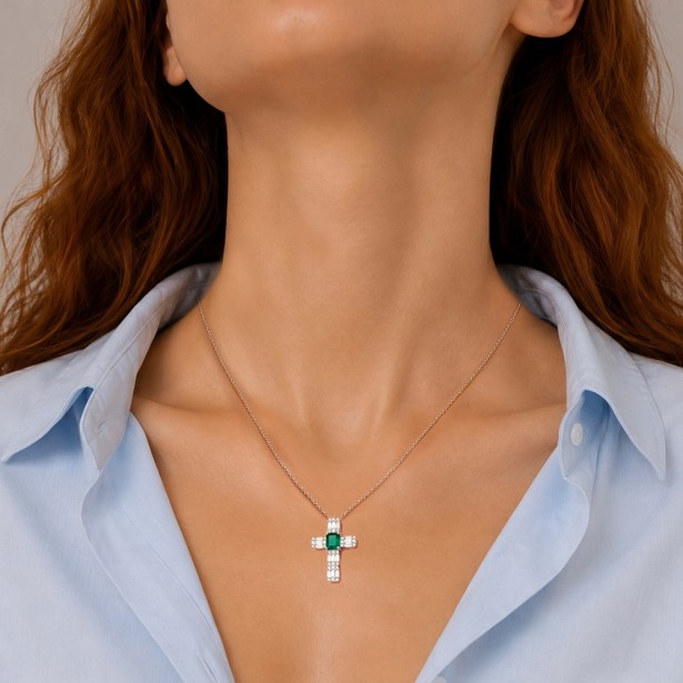 Girocollo in oro bianco 750/ooo con diamante naturale e smeraldo
