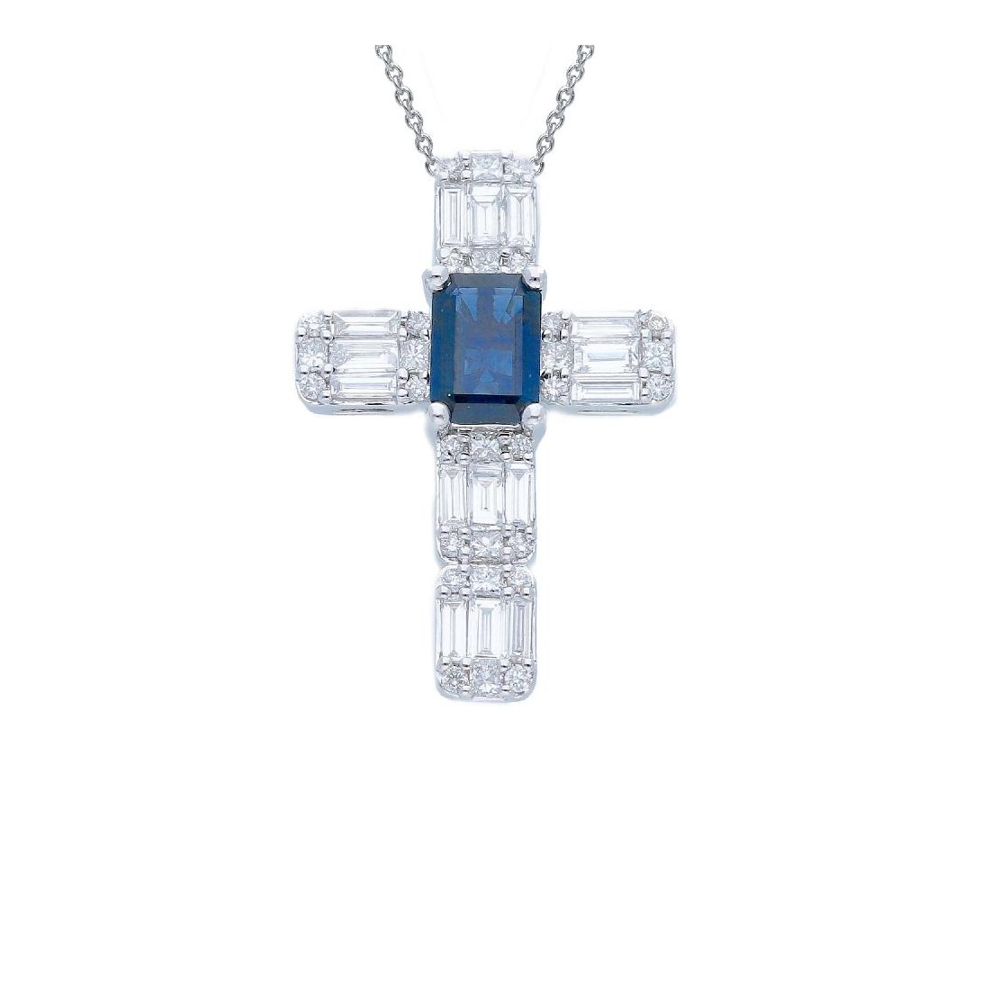 Girocollo croce in oro bianco 750/ooo con diamante naturale e zaffiro